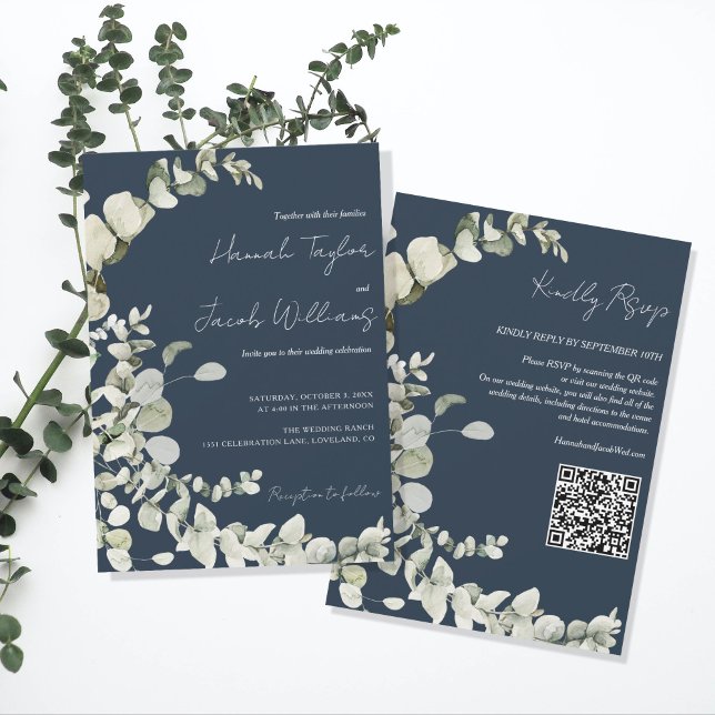 Eucalyptus QR Code Navy Blue Wedding Invitation (navy blue qr code wedding invitation)