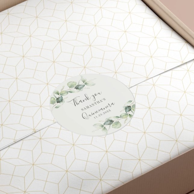 Eucalyptus Quinceanera 15th Birthday Greenery Classic Round Sticker (Watercolor Eucalyptus Greenery Quinceanera Classic Round Sticker)