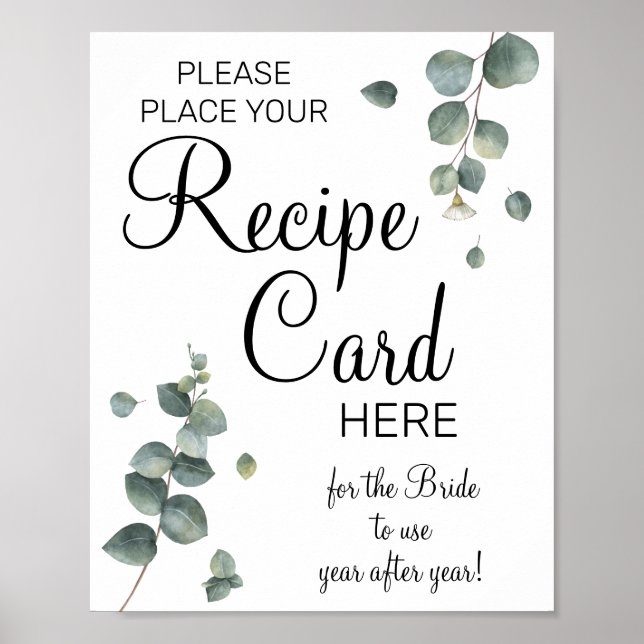 Eucalyptus Recipe Cards bridal shower game sign (Front)