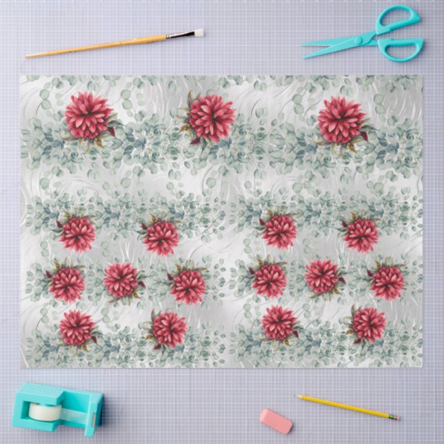 Eucalyptus & Red Flowers on  Faux Foil Decoupage  Tissue Paper (Craft)