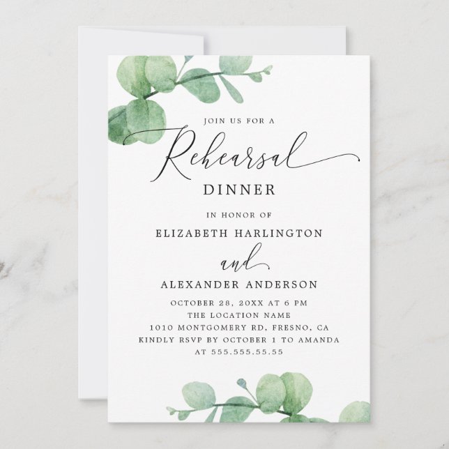 Eucalyptus Rehearsal Dinner. Elegant Script Garden Invitation (Front)