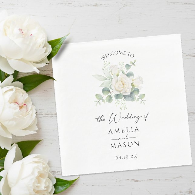 Eucalyptus Rose Floral White Paper Wedding  Napkin (Eucalyptus Rose Floral White Paper Wedding Napkins)