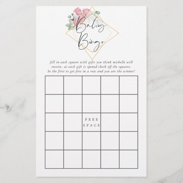 Eucalyptus Rose Geometric Baby Shower Baby Bingo (Front)