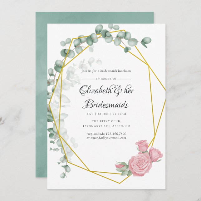 Eucalyptus Rose Geometric Bridesmaids Luncheon Invitation (Front/Back)