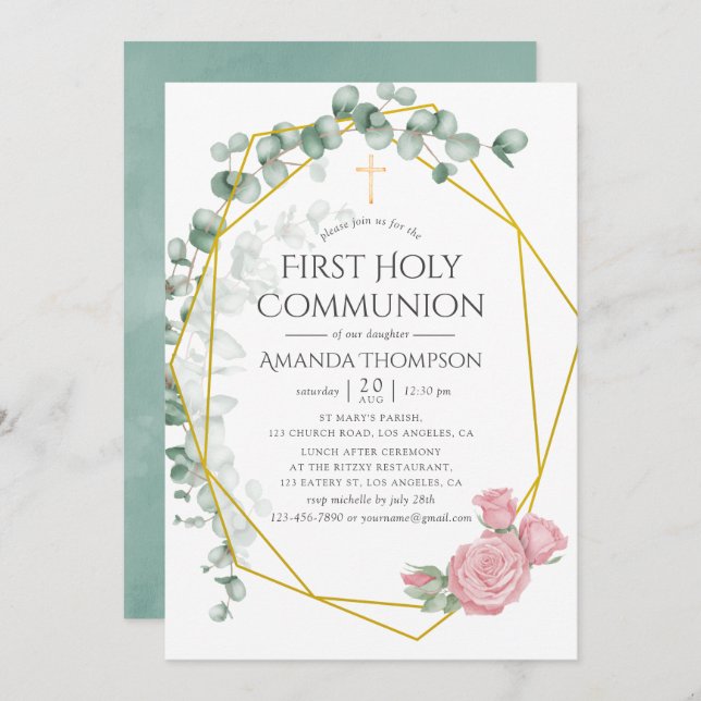 Eucalyptus Rose Geometric First Holy Communion Invitation (Front/Back)