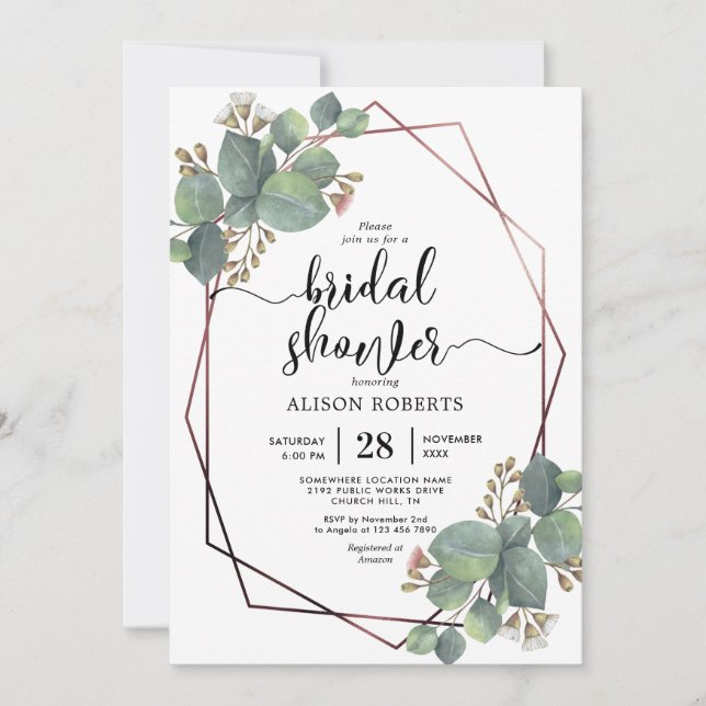 Eucalyptus rose gold geometric frame bridal shower invitation (Front)