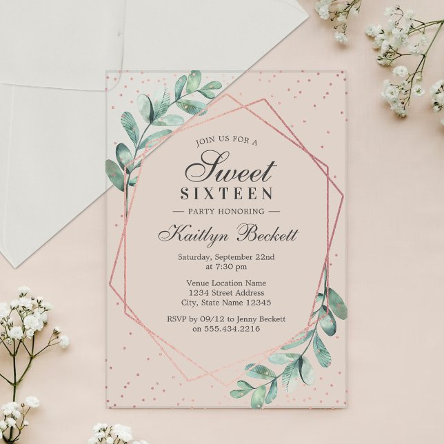 Eucalyptus Rose Gold Geometric Sweet Sixteen Acrylic Invitations (Creator Uploaded)