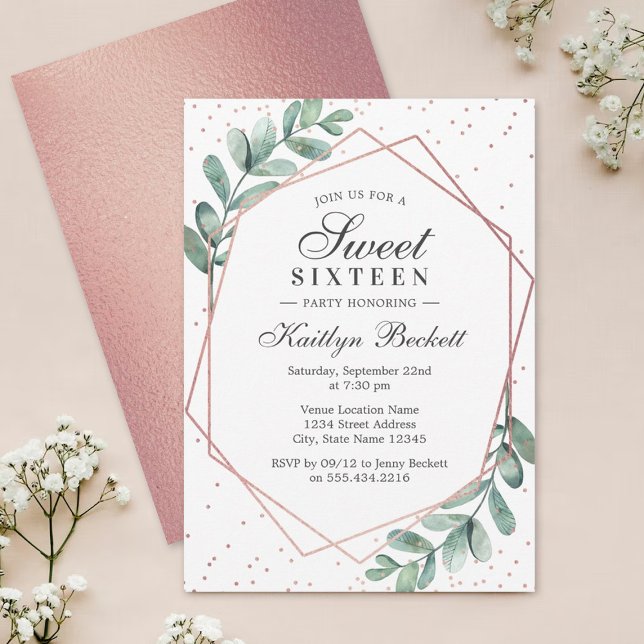 Eucalyptus Rose Gold Geometric Sweet Sixteen Invitation (Creator Uploaded)