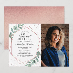 Eucalyptus Rose Gold Geometric Sweet Sixteen Photo Invitation