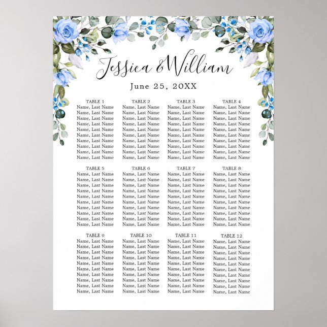 Eucalyptus & Roses 12 Tables Wedding SEATING CHART (Front)