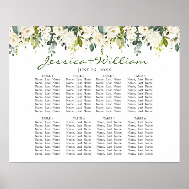 Eucalyptus & Roses 8 Tables Wedding SEATING CHART (Front)