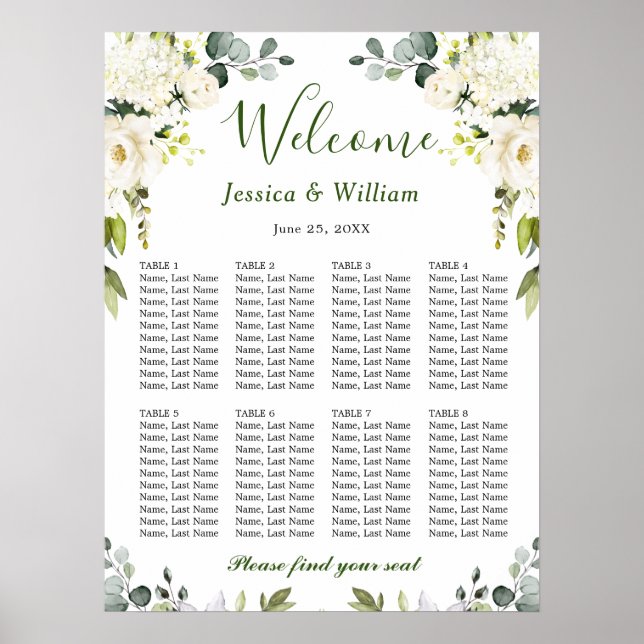 Eucalyptus & Roses 8 Tables Wedding SEATING CHART (Front)