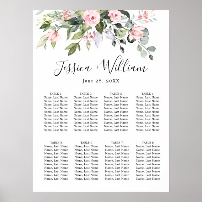 Eucalyptus & Roses 8 Tables Wedding SEATING CHART (Front)