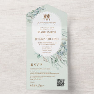 Eucalyptus Round Frame Chinese Wedding All In One Invitation
