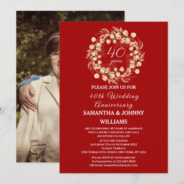 Eucalyptus Ruby 40th Wedding Anniversary Photo Invitation (Front/Back)