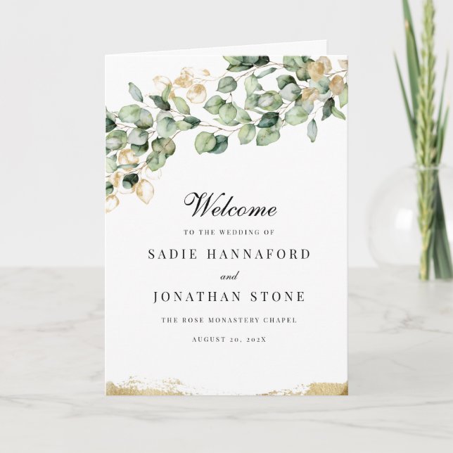 Eucalyptus Rustic Gold Elegant Botanical Wedding Program (Front)