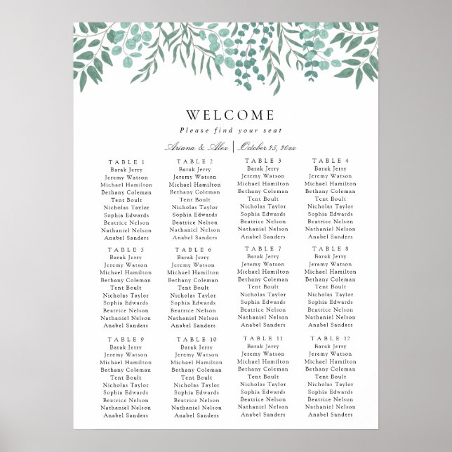 Eucalyptus Rustic Greenery Wedding Seating Chart (Front)