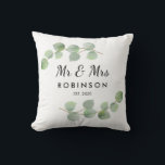 Eucalyptus Rustic Modern Mr and Mrs Wedding Gift Cushion<br><div class="desc">Elegant delicate eucalyptus foliage wedding or anniversary Mr and Mrs personalised pillow design. Personalise with name and date. Easy to customise. Get yours today!</div>