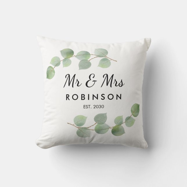 Eucalyptus Rustic Modern Mr and Mrs Wedding Gift Cushion (Front)