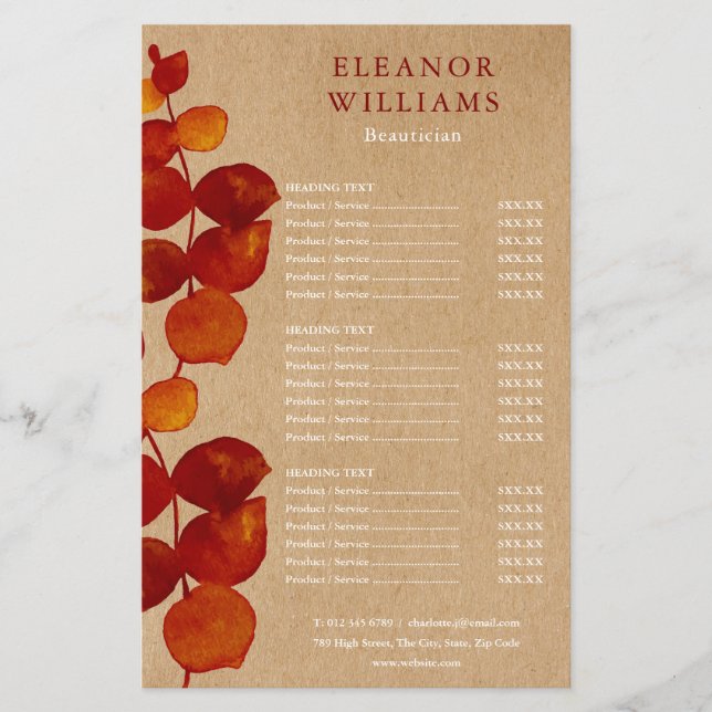 Eucalyptus Rustic Salon Service Menu (Front)