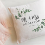 Eucalyptus rustic simple modern mr and mrs gift cushion<br><div class="desc">Budget beautiful delicate eucalyptus foliage wedding or anniversary Mr and Mrs personalised pillow design. Modern elegant on trend sage green,  black,  navy blue and white stylish contemporary rustic collection.</div>