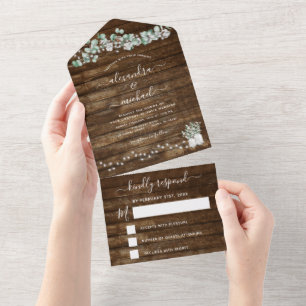 Eucalyptus Rustic Wedding String Lights RSVP  All In One Invitation