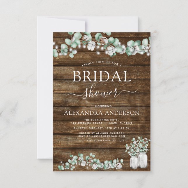 Eucalyptus Rustic Wood Bridal Shower Lights Jar Invitation (Front)