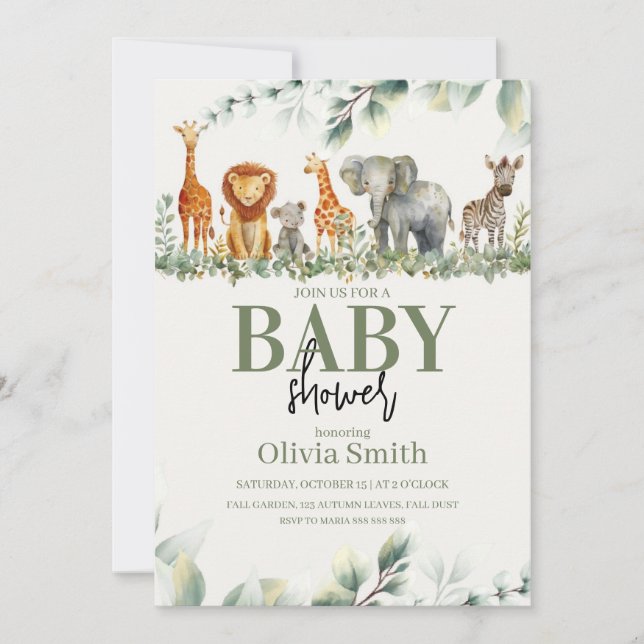 Eucalyptus Safari Animals baby shower Invitation (Front)