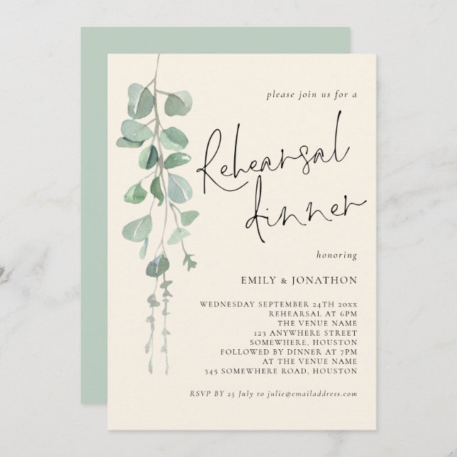 Eucalyptus Sage Cream Rehearsal Dinner Invitation (Front/Back)