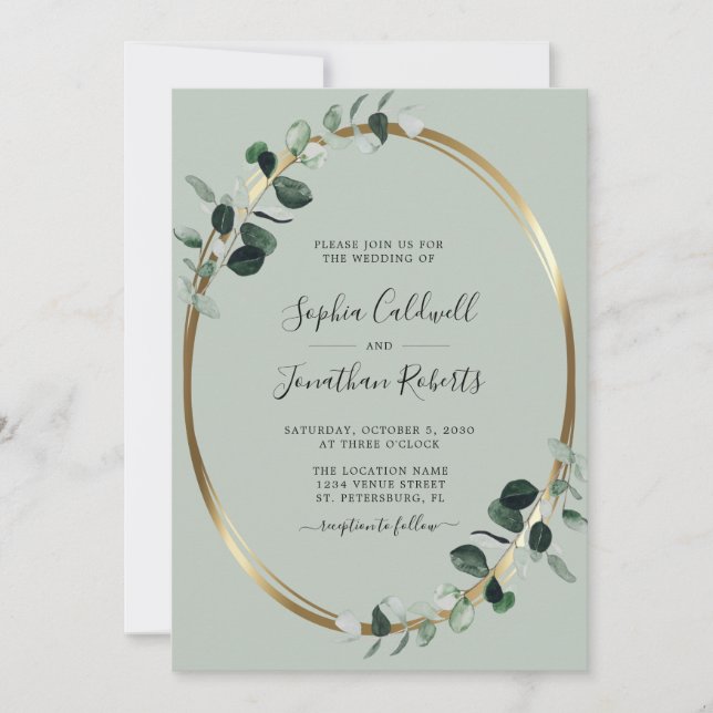 Eucalyptus Sage Gold Metallic Wedding Invitation (Front)