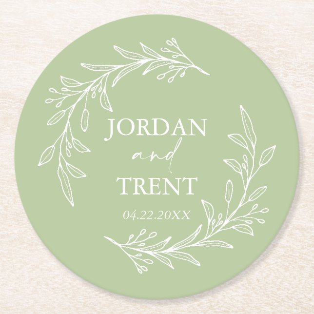 Eucalyptus Sage Green Custom Wedding Paper Coaster (Front)