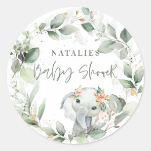 eucalyptus sage green cute elephant baby shower classic round sticker