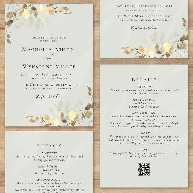 Eucalyptus Sage Green Gold All in One Wedding Invitation (Creator Uploaded)