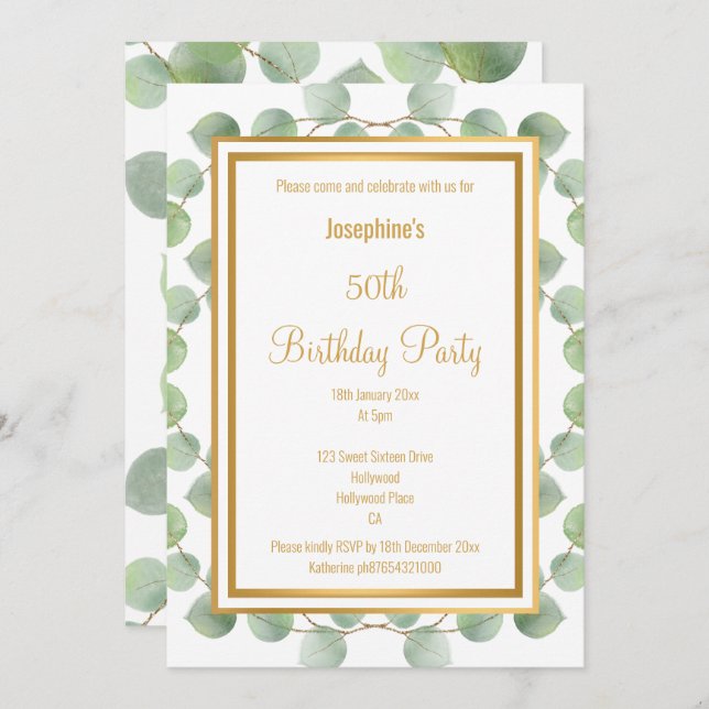 EUCALYPTUS SAGE GREEN GOLD BIRTHDAY INVITATION (Front/Back)