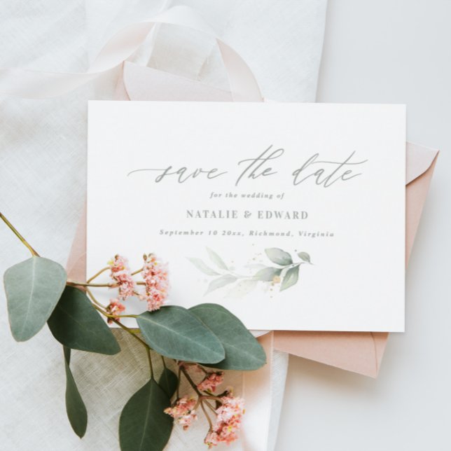 Eucalyptus sage green gold wedding save the date (Creator Uploaded)