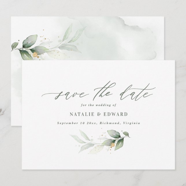 Eucalyptus sage green gold wedding save the date (Front/Back)