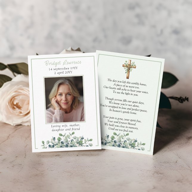 Eucalyptus sage green memorial photo prayer card (Creator Uploaded)