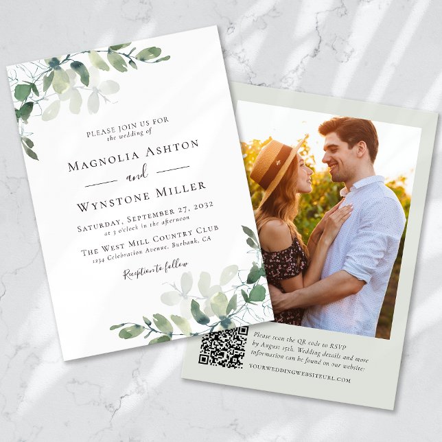 Eucalyptus Sage Green Photo QR Code Wedding Invitation (Creator Uploaded)