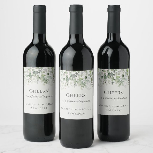 Eucalyptus Sage Green Wedding Cheers Wine Label (Bottles)