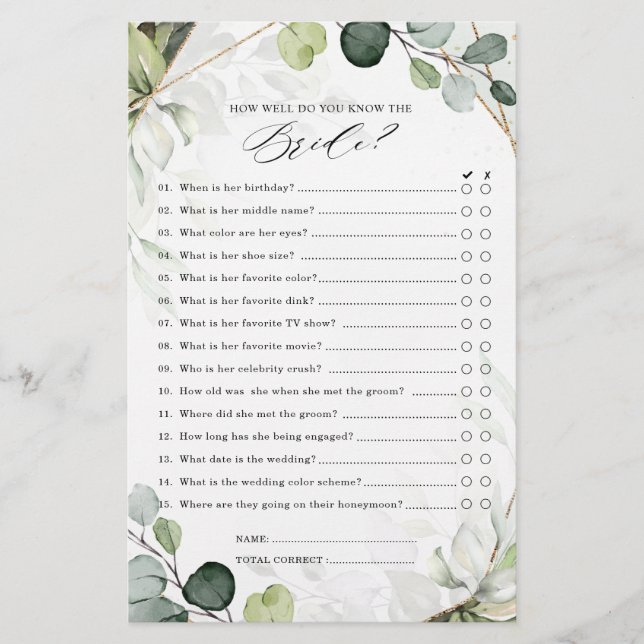 Eucalyptus Sage Greenery Modern Bridal Shower Game (Front)