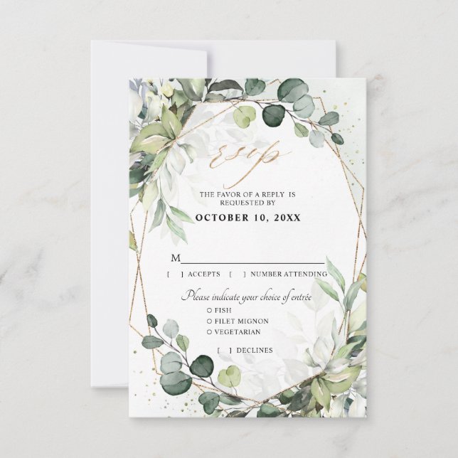 Eucalyptus Sage Greenery Modern Geometric Wedding RSVP Card (Front)