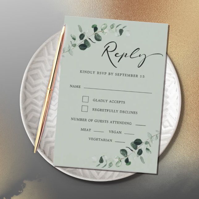 Eucalyptus Sage Modern Calligraphy Meals Wedding RSVP Card (Creator Uploaded)