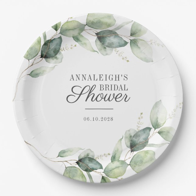 Eucalyptus Script Greenery Botanical Bridal Shower Paper Plate (Front)