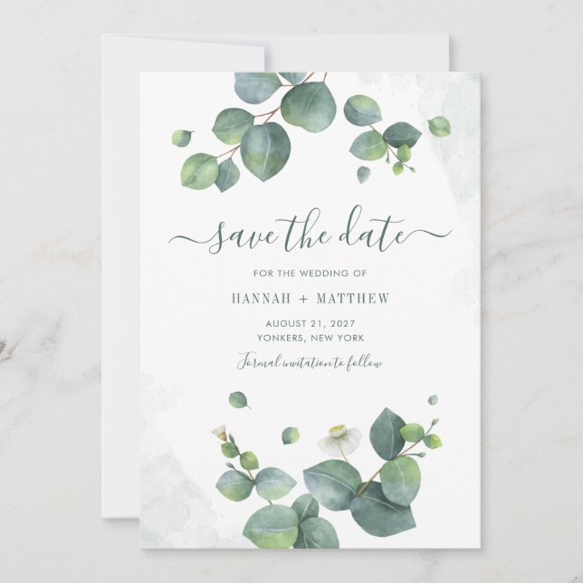 Eucalyptus Script Greenery Botanical Save The Date (Front)