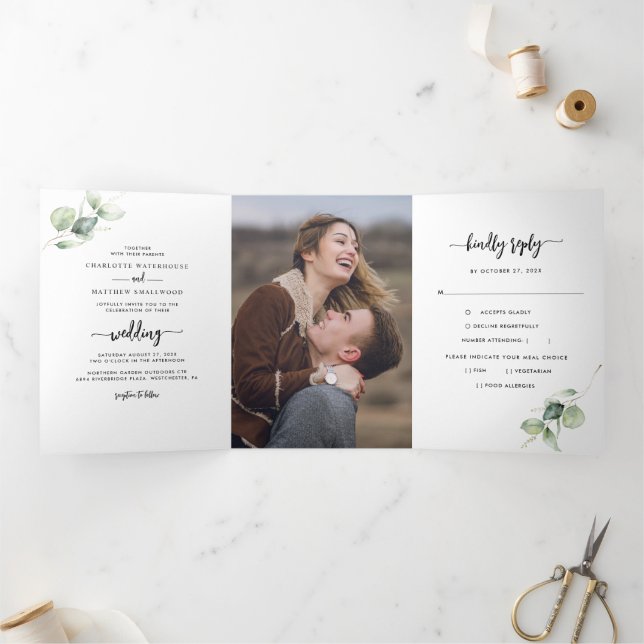 Eucalyptus Script Greenery Photo Wedding Tri-Fold Invitation (Inside)