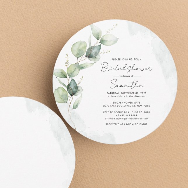 Eucalyptus Script Modern Bridal Shower Invitation (Eucalyptus Greenery Watercolor Bridal Shower Round Invitation)