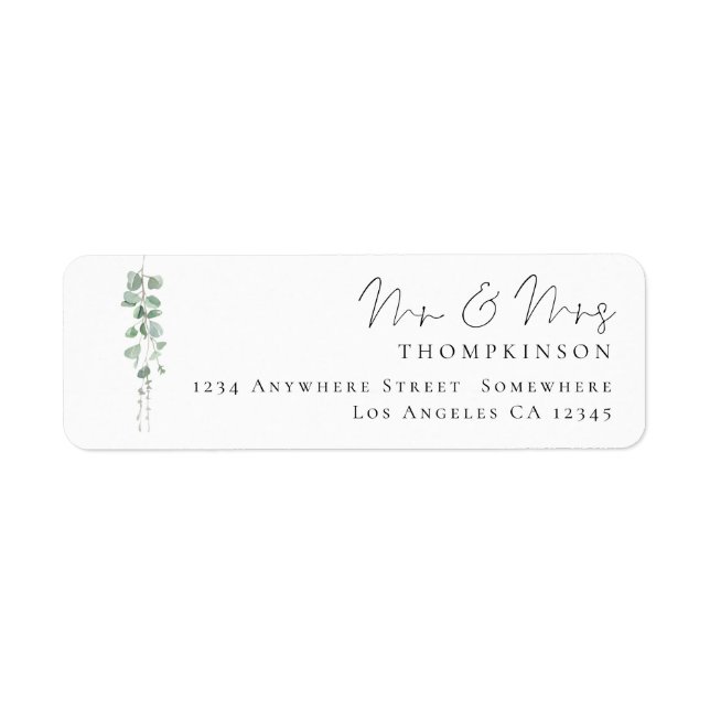 Eucalyptus Script Mr Mrs Wedding Return Address Label (Front)