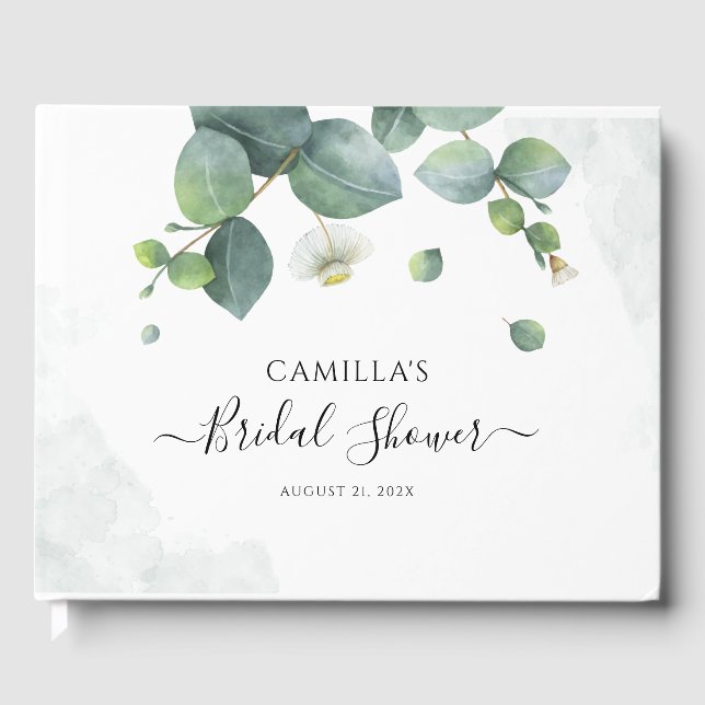 Eucalyptus Script Watercolor Bridal Shower Guest Book (Front)