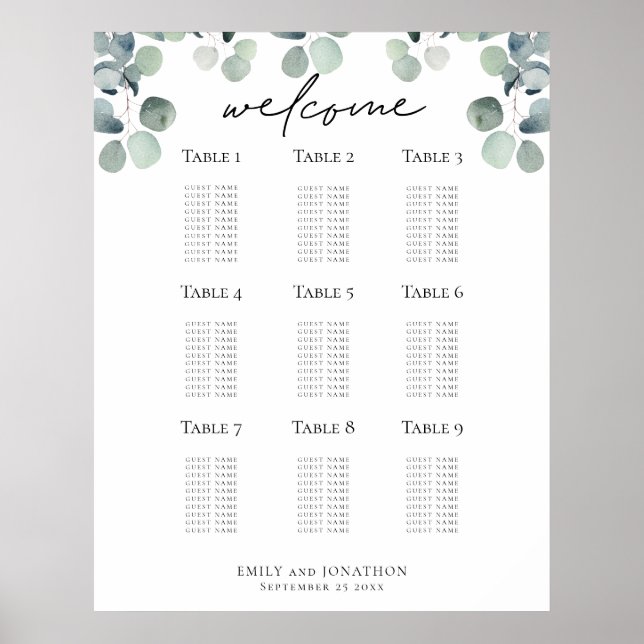 Eucalyptus Seating Plan Wedding Welcome Chart (Front)