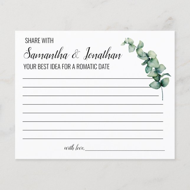 Eucalyptus Share a Date Idea Shower Game card (Front)